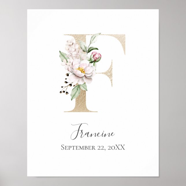 Affiche Monogramme F Rose Blanc Floral Lettre Orée Nurseri (Devant)