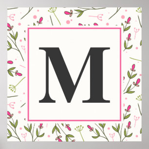 Affiche Monogramme Fleur sauvage rose et vert à longue tig