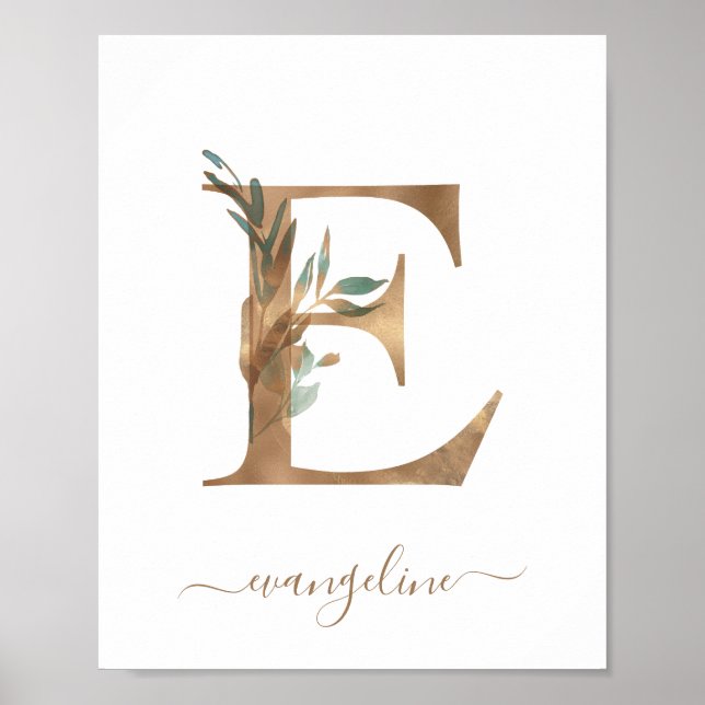 Affiche Monogramme Floral Aquarelle Lettre E Or (Devant)