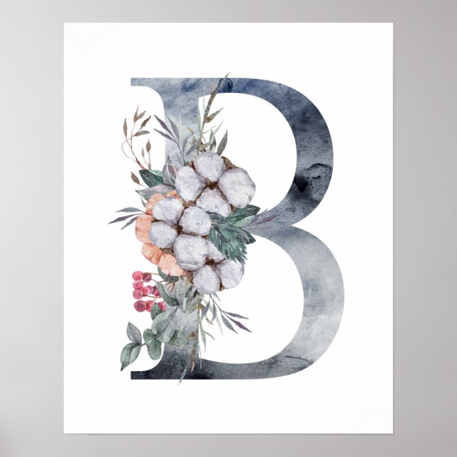 Affiche Monogramme floral bleu initial B (Devant)