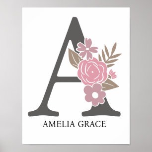Affiche Monogramme floral lettre A nom crèche moderne