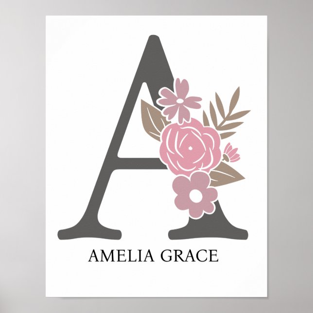 Affiche Monogramme floral lettre A nom crèche moderne (Devant)