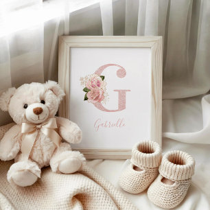 Affiche Monogramme floral pailleté or rose féminin G