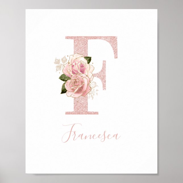 Affiche Monogramme floral pailleté or rose girly F (Devant)