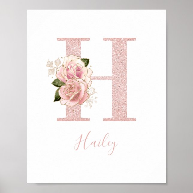 Affiche Monogramme floral pailleté or rose girly H (Devant)