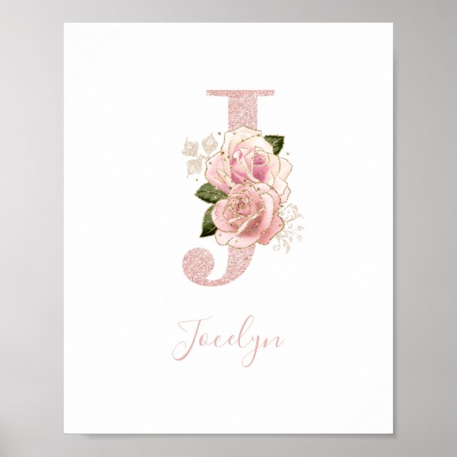 Affiche Monogramme floral pailleté or rose girly J (Devant)