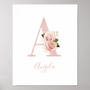 Affiche Monogramme floral pailleté or rose pâle féminin A