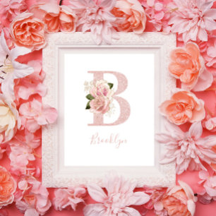Affiche Monogramme floral pailleté rose doré féminin B