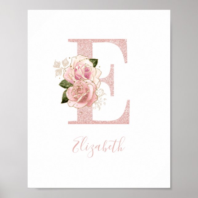 Affiche Monogramme Floral Pailleté Rose Doré Féminin E (Devant)