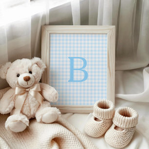 Affiche Monogramme Gingham Bleu Pastel et Blanc