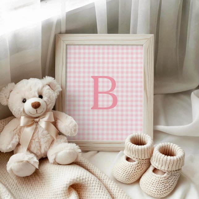 Affiche Monogramme Gingham Rose Pâle et Blanc (Pastel Pink and White Gingham Monogram Poster)