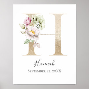 Affiche Monogramme H Rose Blanc Floral Lettre Orée Nurseri