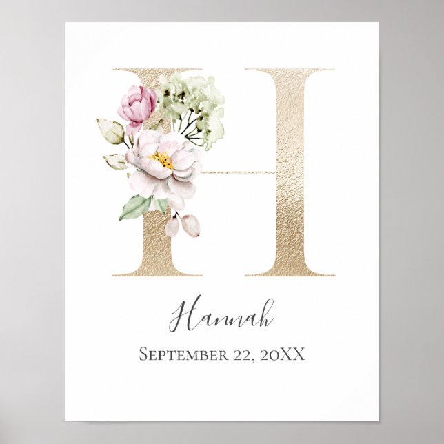 Affiche Monogramme H Rose Blanc Floral Lettre Orée Nurseri (Devant)