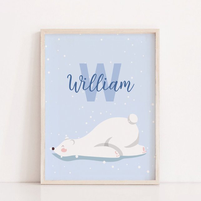 Affiche Monogramme Hiver Polar Ours Nourriture Décor Mur (Blue Monogram Winter Polar Bear Nursery Wall Decor)
