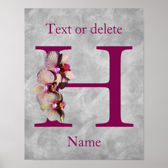 Affiche Monogramme Initial Élégant Orchidée H Personnalisé (Devant)