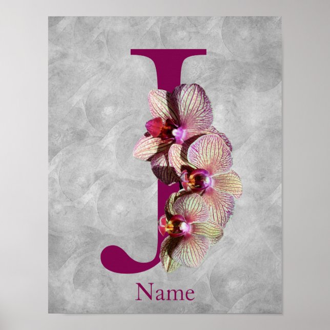 Affiche Monogramme Initial Élégant Orchidée J Personnalisé (Devant)