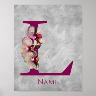 Affiche Monogramme Initial Élégant Orchidée L Personnalisé