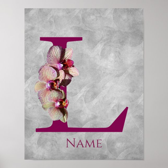 Affiche Monogramme Initial Élégant Orchidée L Personnalisé (Devant)