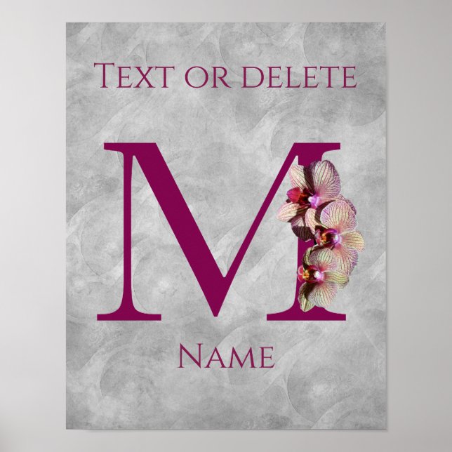 Affiche Monogramme Initial Élégant Orchidée M Personnalisé (Devant)