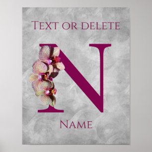 Affiche Monogramme Initial Élégant Orchidée N Personnalisé