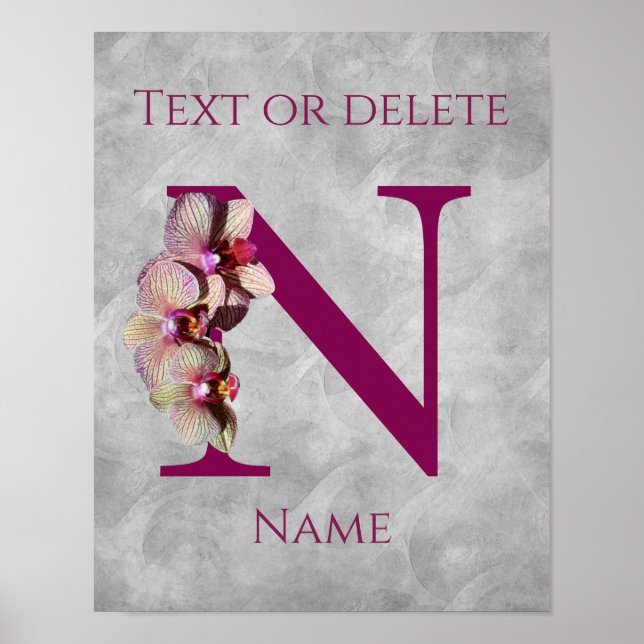 Affiche Monogramme Initial Élégant Orchidée N Personnalisé (Devant)