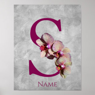 Affiche Monogramme Initial Élégant Orchidée S Personnalisé