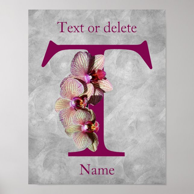 Affiche Monogramme Initial Élégant Orchidée T Personnalisé (Devant)