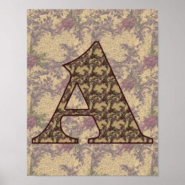 Affiche Monogramme Initiale A Élégant Floral Vintage (Devant)