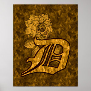 Affiche Monogramme Initiale D Fleur de Pivoine en Or