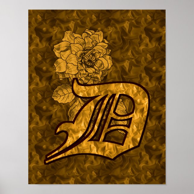 Affiche Monogramme Initiale D Fleur de Pivoine en Or (Devant)