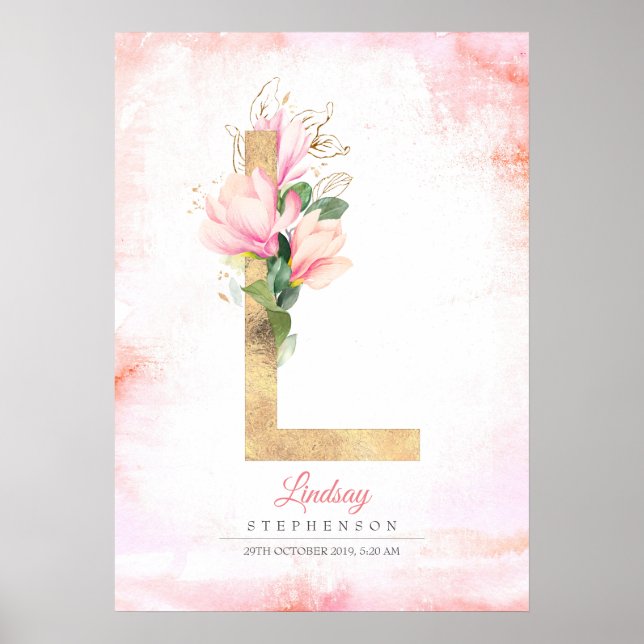 Affiche Monogramme L Lettre Feuilles Or Magnolia Floral Ro (Devant)