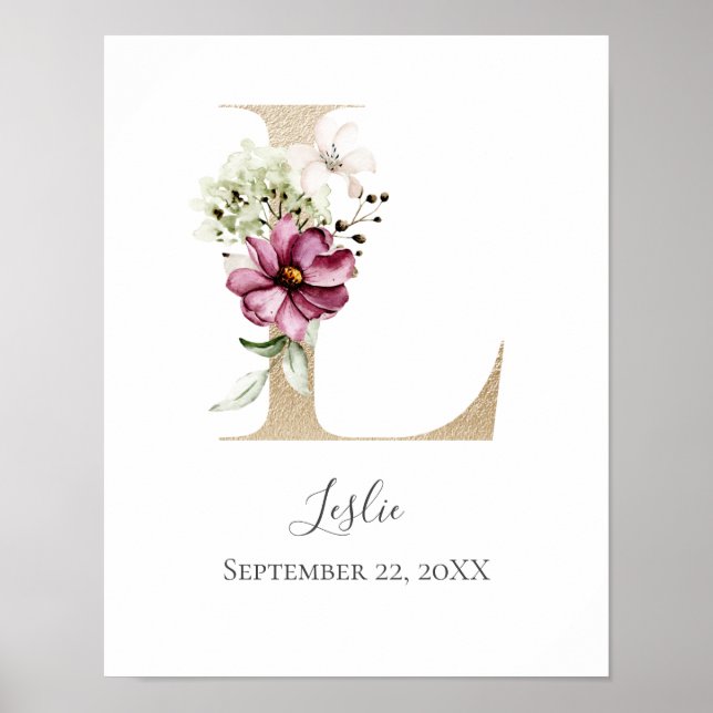 Affiche Monogramme L Rose Blanc Floral Lettre Dorée Nurser (Devant)