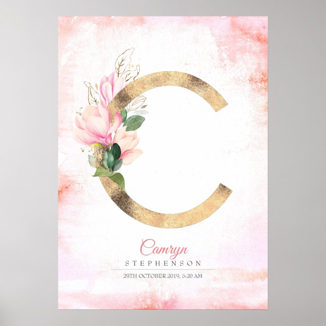 Affiche Monogramme Lettre C Feuilles Dorées Magnolia Rose  (Devant)
