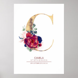 Affiche Monogramme lettre C floral bleu marine et bordeaux