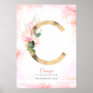 Affiche Monogramme lettre C or feuilles magnolia rose flor