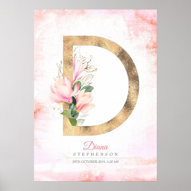 Affiche Monogramme lettre D feuilles dorées fleurs de magn (Devant)