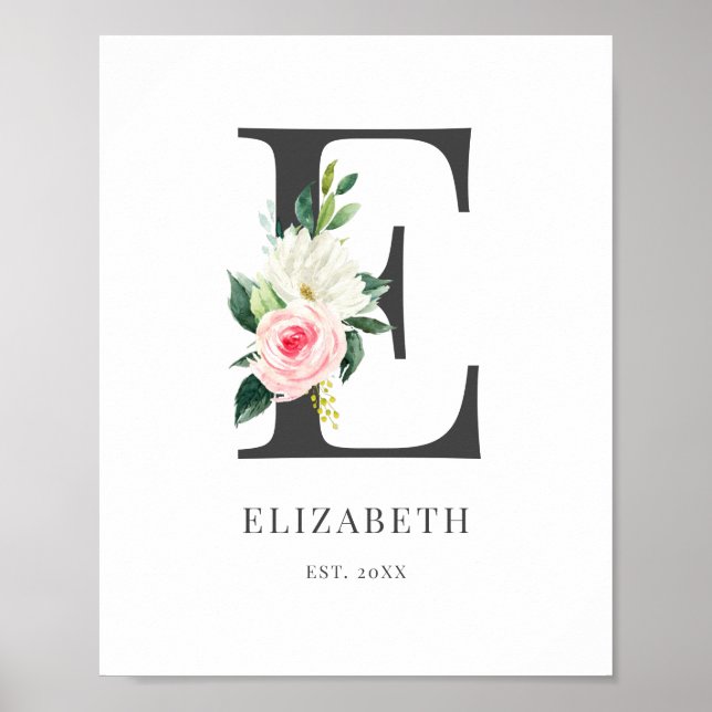 Affiche Monogramme lettre E Aquarelle Florales (Devant)