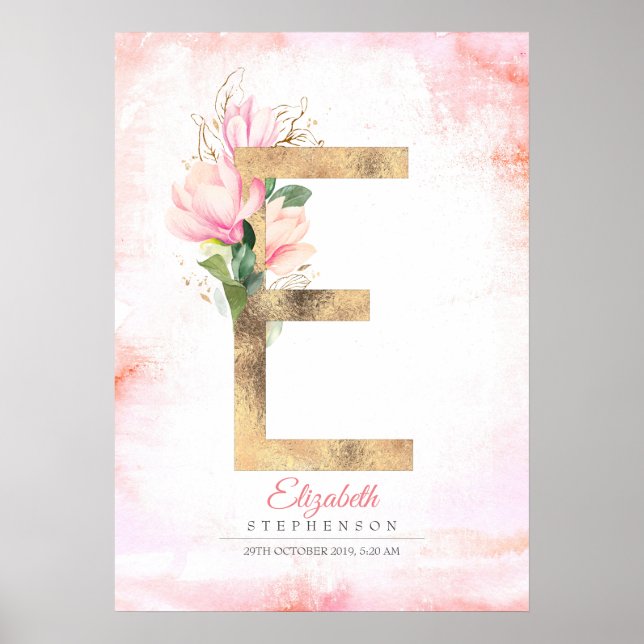Affiche Monogramme lettre E feuilles dorées magnolia rose  (Devant)