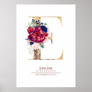 Affiche Monogramme lettre E floral bleu marine et bordeaux