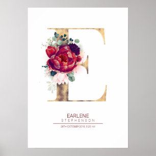 Affiche Monogramme lettre E floral bordeaux et or