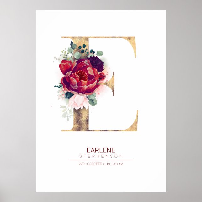 Affiche Monogramme lettre E floral bordeaux et or (Devant)