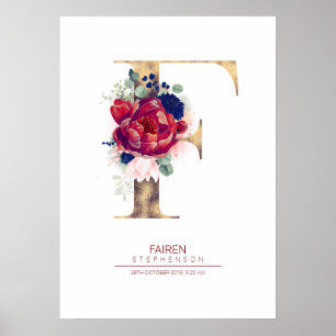 Affiche Monogramme lettre F floral bleu marine et bordeaux