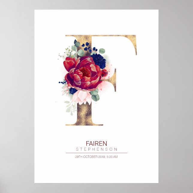 Affiche Monogramme lettre F floral bleu marine et bordeaux (Devant)