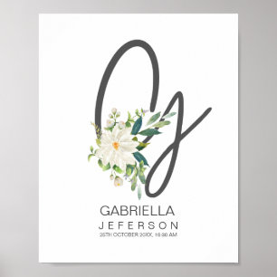 Affiche Monogramme Lettre G Décor Floral Rose