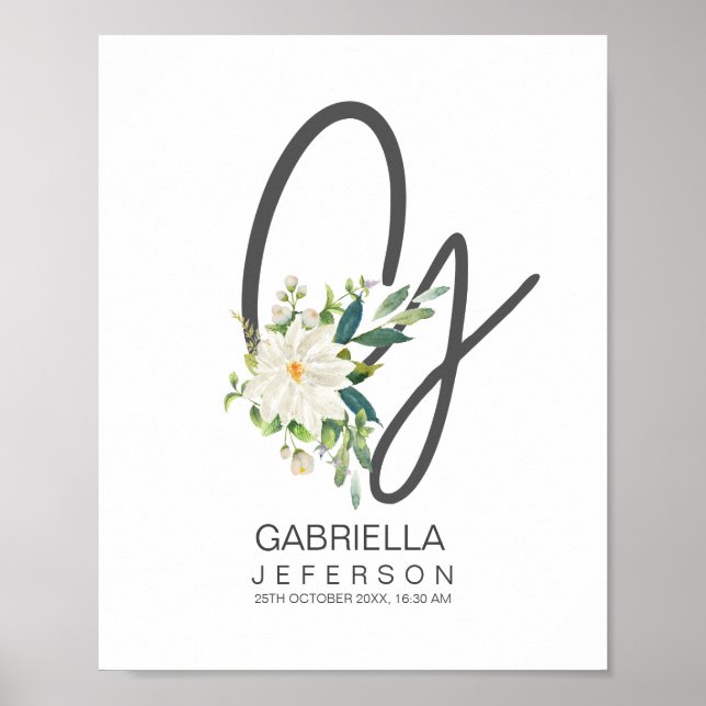 Affiche Monogramme Lettre G Décor Floral Rose (Devant)