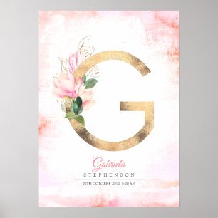 Affiche Monogramme lettre G feuilles dorées fleurs de magn