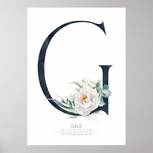 Affiche Monogramme lettre G Fleurs blanches et feuillage (Devant)