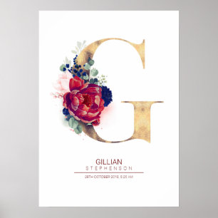 Affiche Monogramme lettre G floral bleu marine et bordeaux