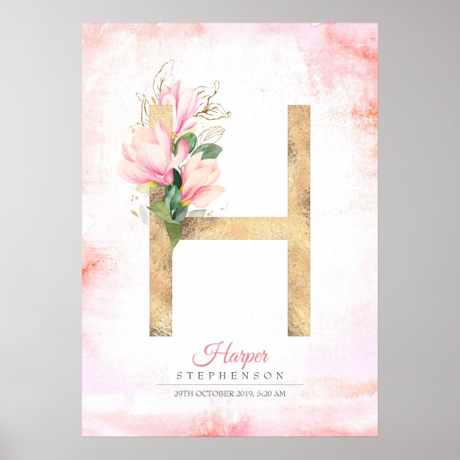 Affiche Monogramme lettre H feuilles dorées magnolia rose  (Devant)
