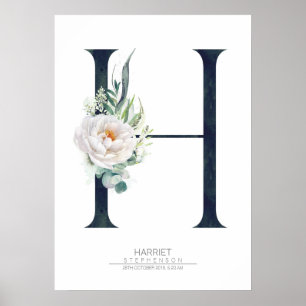 Affiche Monogramme lettre H Fleurs blanches et verdure